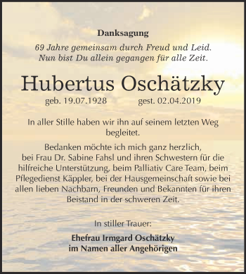 Traueranzeige von Hubertus Oschätzky von WVG - Wochenspiegel Wittenberg
