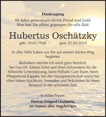 Traueranzeige von Hubertus Oschätzky von Mitteldeutsche Zeitung