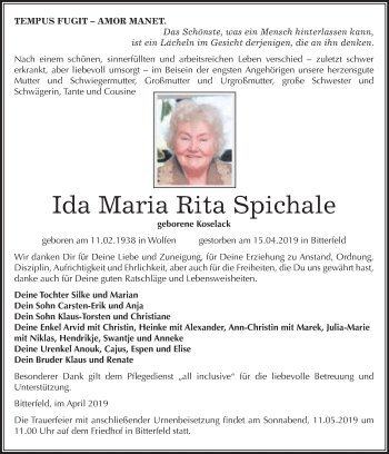 Traueranzeige von Ida Maria Rita Spichale von WVG - Wochenspiegel Bitterfeld