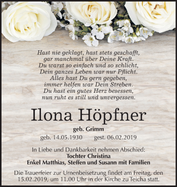 Traueranzeige von Ilona Höpfner von Mitteldeutsche Zeitung Halle/Saalkreis