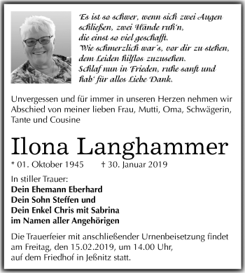 Traueranzeige von Ilona Langhammer von Mitteldeutsche Zeitung Bitterfeld