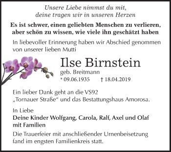 Traueranzeige von Ilse Birnstein von Mitteldeutsche Zeitung Dessau-Roßlau