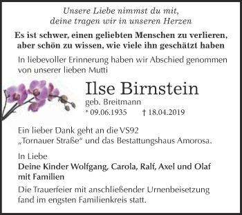Traueranzeige von Ilse Birnstein von WVG - Wochenspiegel Dessau / Köthen