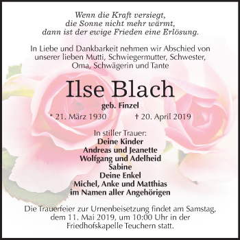 Traueranzeige von Ilse Blach von Mitteldeutsche Zeitung Weißenfels