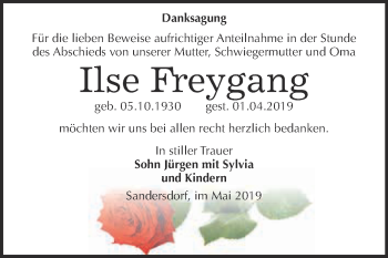 Traueranzeige von Ilse Freygang von WVG - Wochenspiegel Bitterfeld