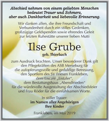 Traueranzeige von Ilse Grube von Mitteldeutsche Zeitung Merseburg/Querfurt