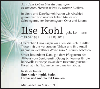 Traueranzeige von Ilse Kohl von WVG - Wochenspiegel Wittenberg