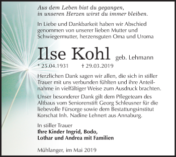 Traueranzeige von Ilse Kohl von Mitteldeutsche Zeitung