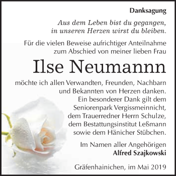 Traueranzeige von Ilse Neumannn von WVG - Wochenspiegel Wittenberg