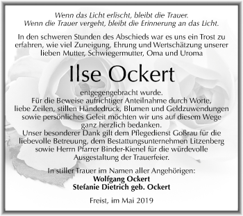 Traueranzeige von Ilse Ockert von Mitteldeutsche Zeitung Halle/Saalkreis