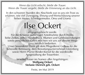 Traueranzeige von Ilse Ockert von Mitteldeutsche Zeitung Mansfelder Land