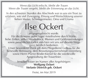 Traueranzeige von Ilse Ockert von Super Sonntag SGH Mansf. Land