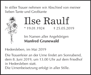 Traueranzeige von Ilse Raulf von WVG - Wochenspiegel Quedlinburg