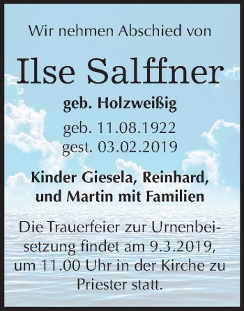 Traueranzeige von Ilse Salffner von Mitteldeutsche Zeitung Halle/Saalkreis