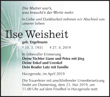 Traueranzeige von Ilse Weisheit von WVG - Wochenspiegel Quedlinburg