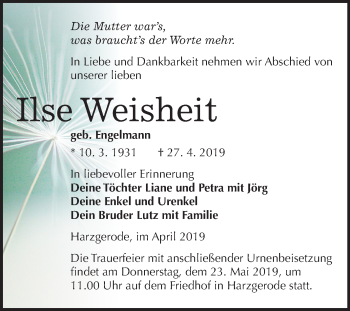 Traueranzeige von Ilse Weisheit von Mitteldeutsche Zeitung