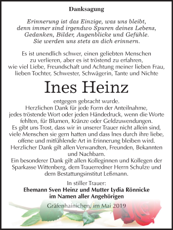 Traueranzeige von Ines Heinz von Mitteldeutsche Zeitung