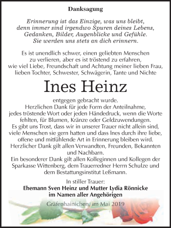 Traueranzeige von Ines Heinz von WVG - Wochenspiegel Wittenberg