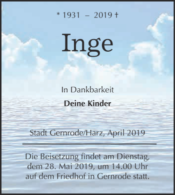 Traueranzeige von Inge  von WVG - Wochenspiegel Quedlinburg