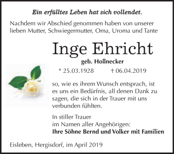 Traueranzeige von Inge Ehricht von Wochenspiegel Mansfelder Land