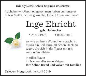 Traueranzeige von Inge Ehricht von Mitteldeutsche Zeitung Mansfelder Land