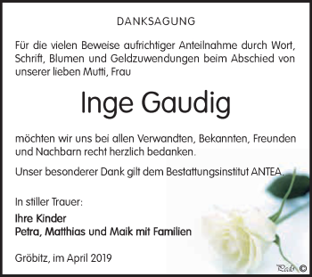 Traueranzeige von Inge Gaudig von WVG - Wochenspiegel NMB / WSF / ZTZ