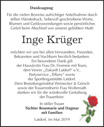 Traueranzeige von Inge Krüger von Super Sonntag Bernburg