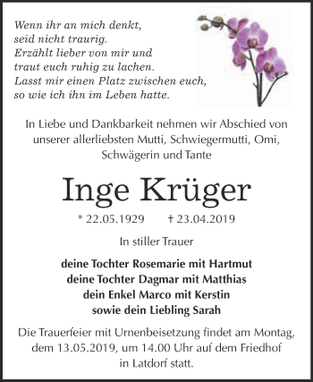 Traueranzeige von Inge Krüger von Super Sonntag Bernburg