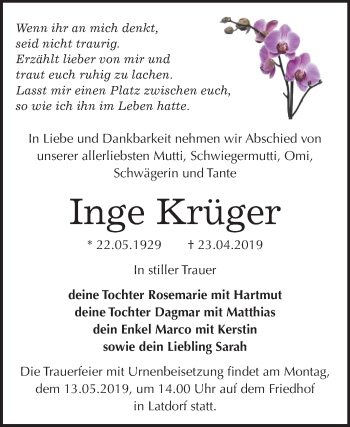 Traueranzeige von Inge Krüger von Mitteldeutsche Zeitung Bernburg