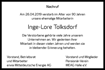 Traueranzeige von Inge-Lore Tolksdorf von Mitteldeutsche Zeitung Halle/Saalkreis