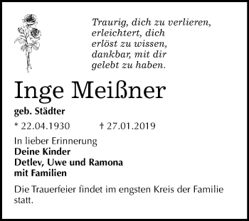 Traueranzeige von Inge Meißner von Mitteldeutsche Zeitung Halle/Saalkreis