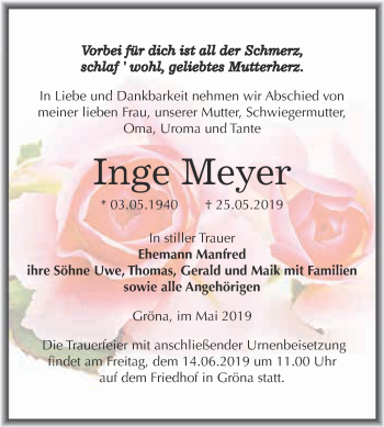 Traueranzeige von Inge Meyer von Super Sonntag Bernburg