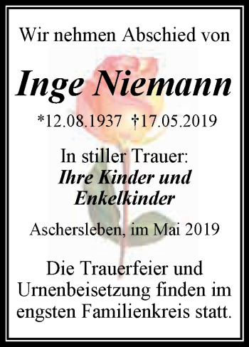 Traueranzeige von Inge Niemann von Super Sonntag Aschersleben