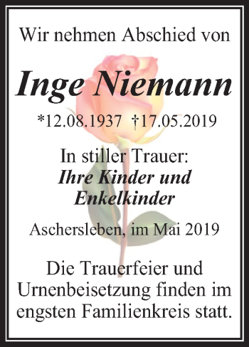 Traueranzeige von Inge Niemann von Mitteldeutsche Zeitung
