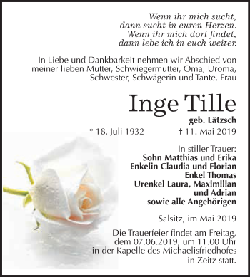 Traueranzeige von Inge Tille von WVG - Wochenspiegel NMB / WSF / ZTZ