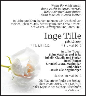 Traueranzeige von Inge Tille von Mitteldeutsche Zeitung