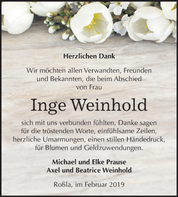 Traueranzeige von Inge Weinhold von Mitteldeutsche Zeitung Sangerhausen