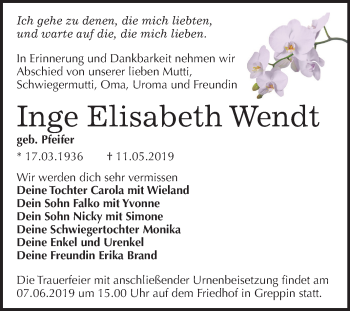 Traueranzeige von Inge Elisabeth Wendt von Mitteldeutsche Zeitung Bitterfeld