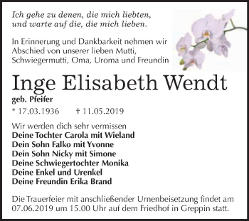 Traueranzeige von Inge Elisabeth Wendt von WVG - Wochenspiegel Bitterfeld