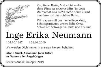 Traueranzeige von Inge Erika Neumann von Mitteldeutsche Zeitung Dessau-Roßlau