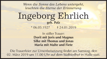 Traueranzeige von Ingeborg Ehrlich von Mitteldeutsche Zeitung Halle/Saalkreis