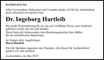 Traueranzeige von Ingeborg Hartleib von Mitteldeutsche Zeitung Aschersleben
