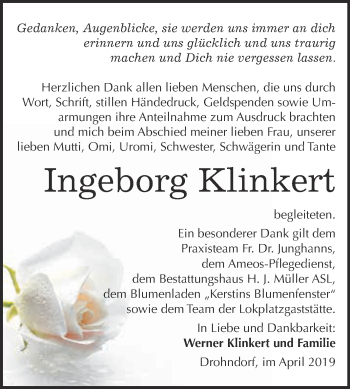 Traueranzeige von Ingeborg Klinkert von Super Sonntag Aschersleben