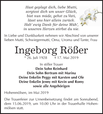 Traueranzeige von Ingeborg Rößer von WVG - Wochenspiegel NMB / WSF / ZTZ
