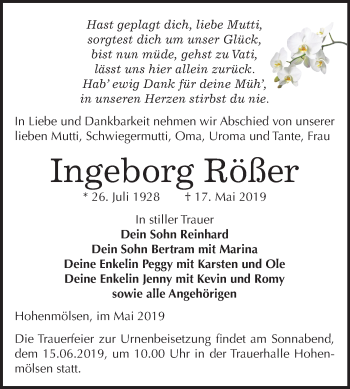 Traueranzeige von Ingeborg Rößer von Mitteldeutsche Zeitung Weißenfels