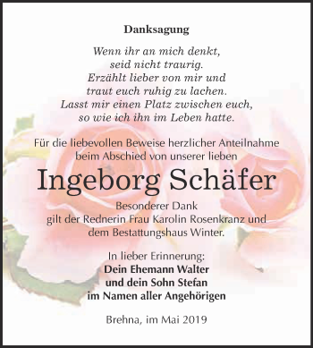 Traueranzeige von Ingeborg Schäfer von WVG - Wochenspiegel Bitterfeld