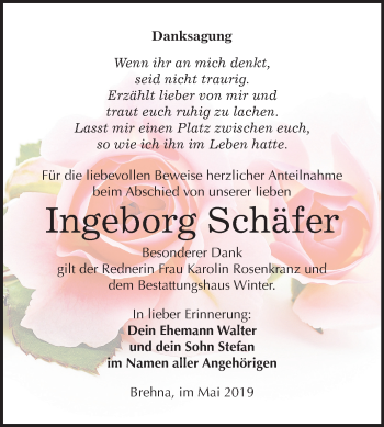 Traueranzeige von Ingeborg Schäfer von Mitteldeutsche Zeitung Bitterfeld