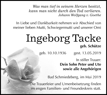 Traueranzeige von Ingeborg Tacke von Mitteldeutsche Zeitung