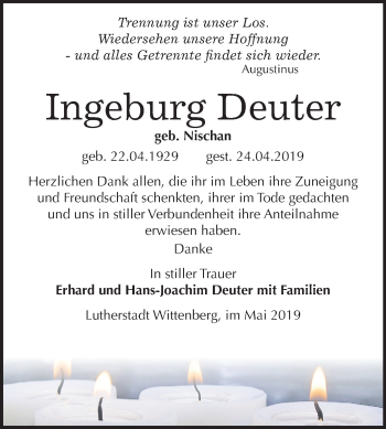 Traueranzeige von Ingeburg Deuter von Mitteldeutsche Zeitung