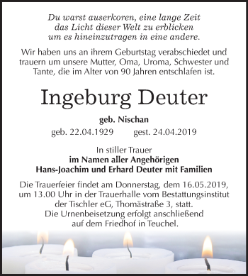 Traueranzeige von Ingeburg Deuter von Mitteldeutsche Zeitung